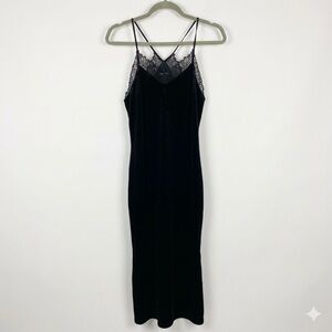 NWT Express Black Velvet Lace Trim Midi Slip Dress Size S Crisscross Back